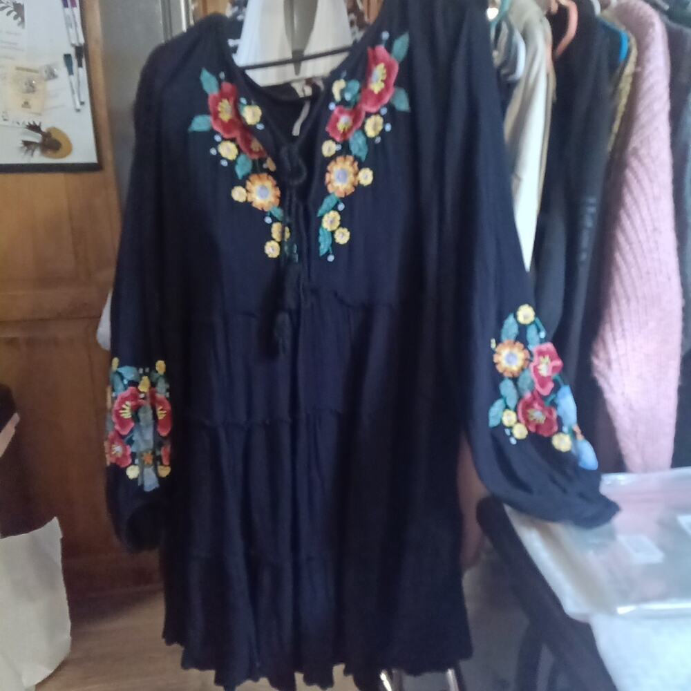 Free People Black Mini Dress with Red, Yellow & Teal Floral Embroidery